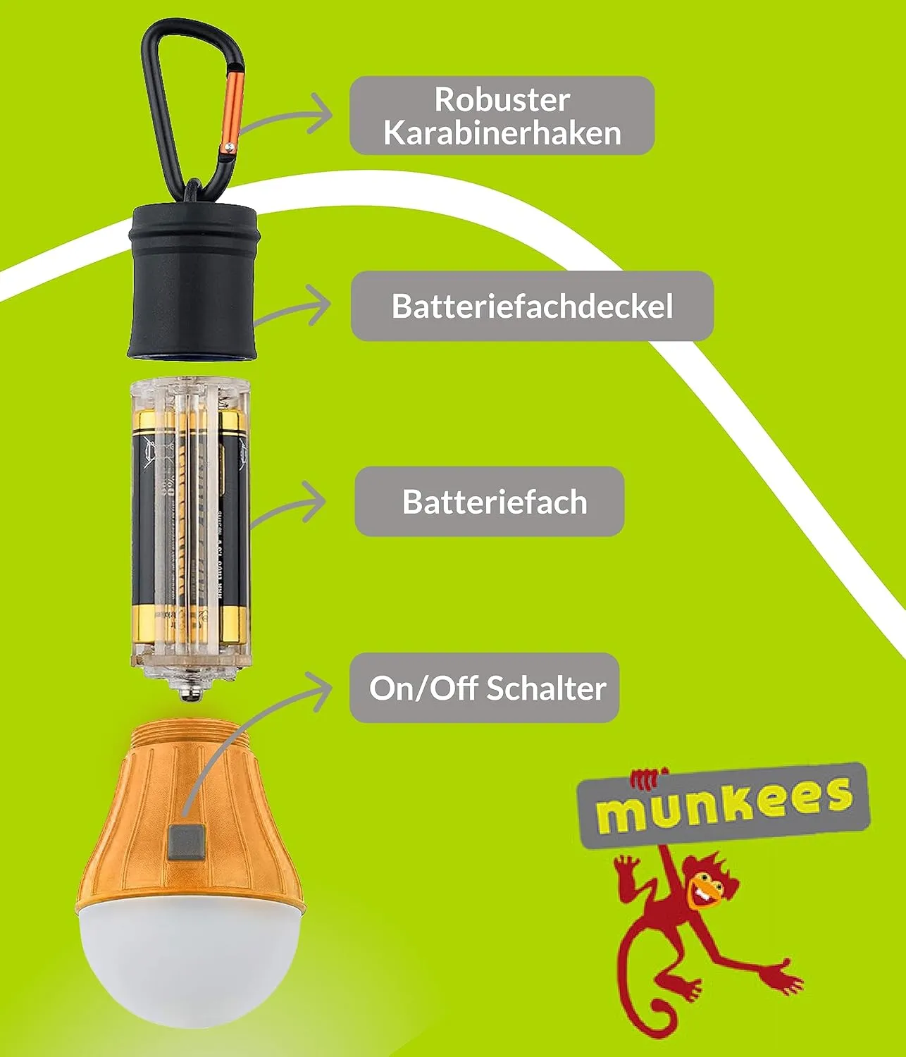 Munkees LED Tentlamp tentlampje oranje met karabijnhaak