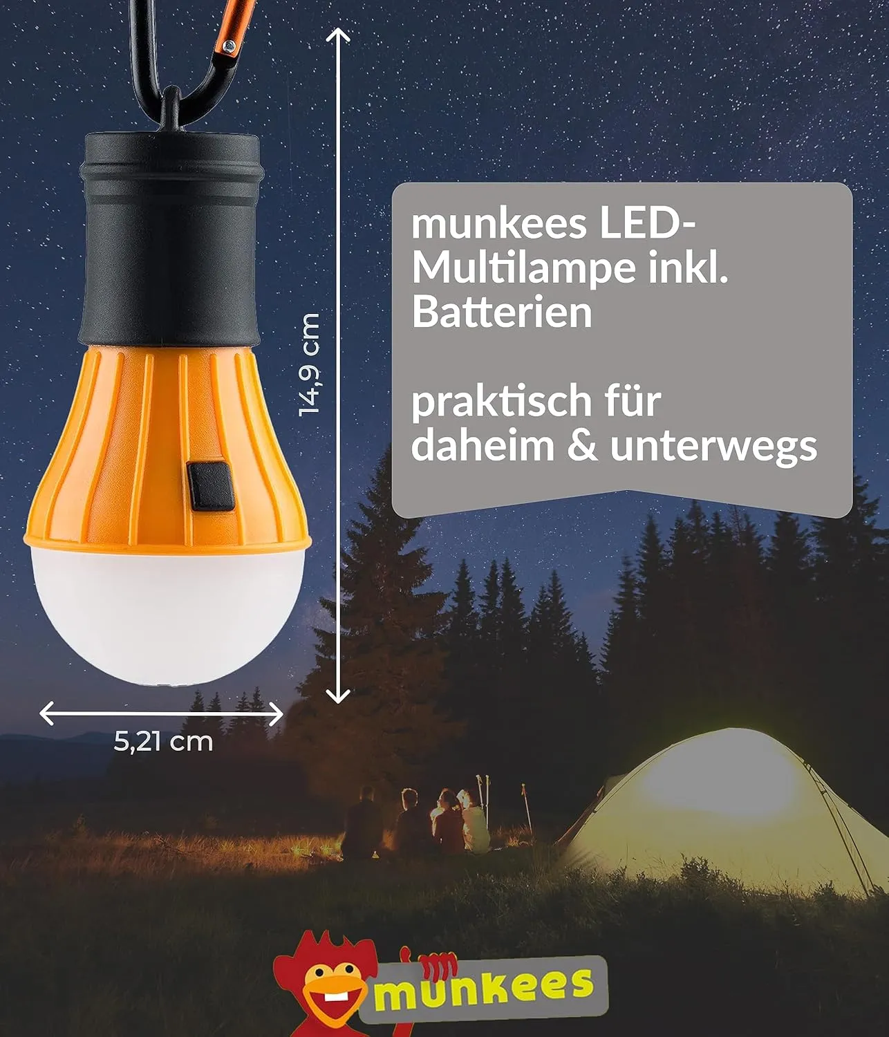 Munkees LED Tentlamp tentlampje oranje met karabijnhaak