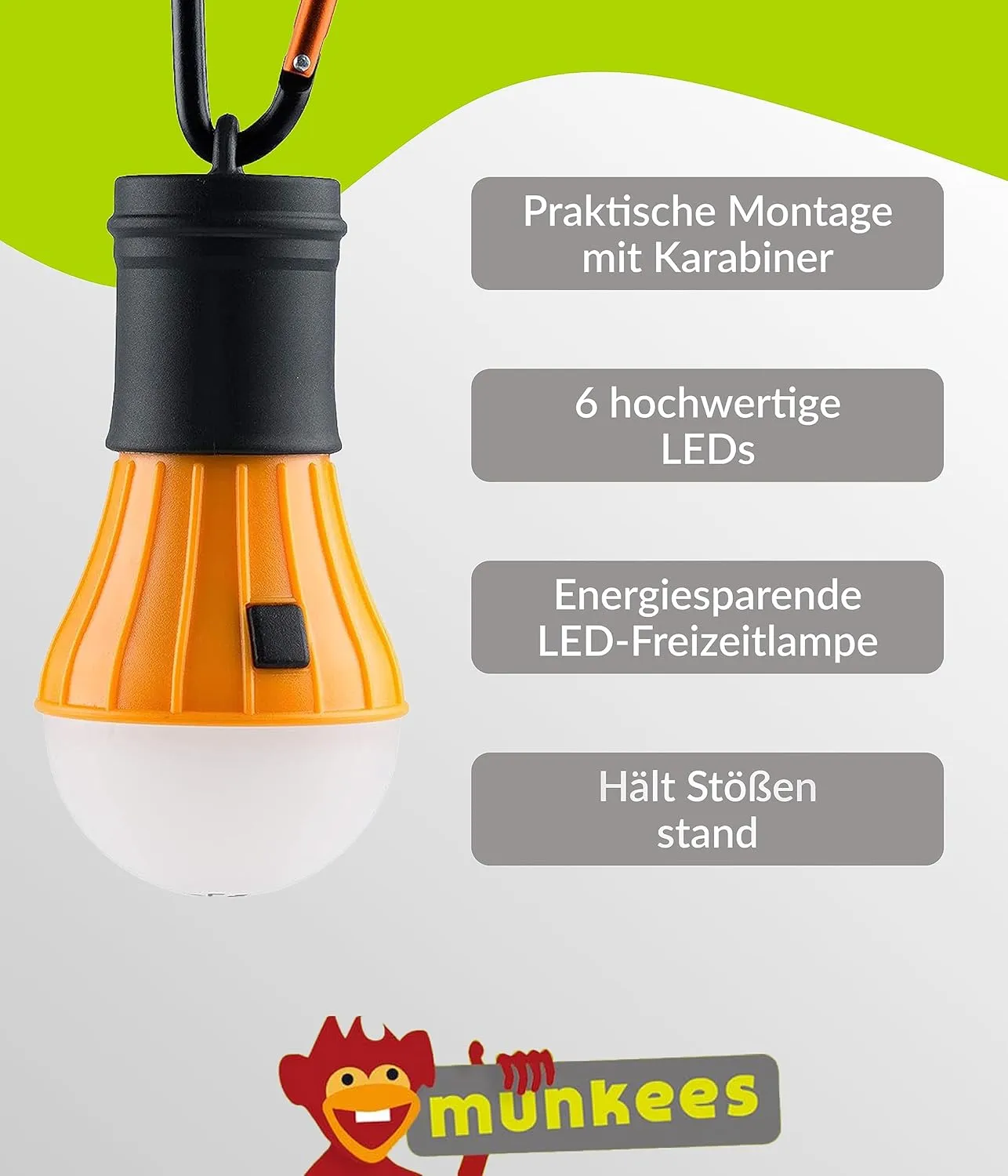 Munkees LED Tentlamp tentlampje oranje met karabijnhaak
