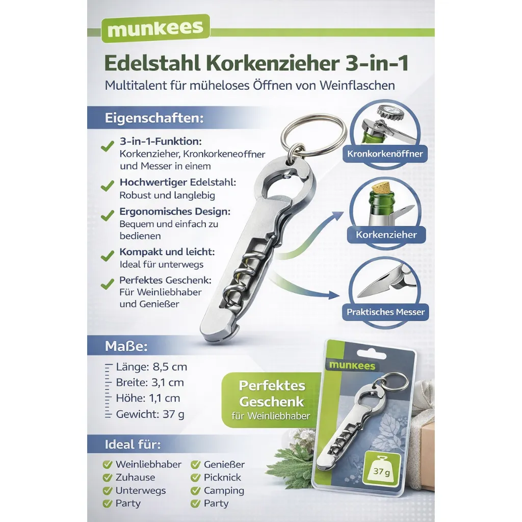 Munkees 3-in-1 kurkentrekker RVS flesopener mes