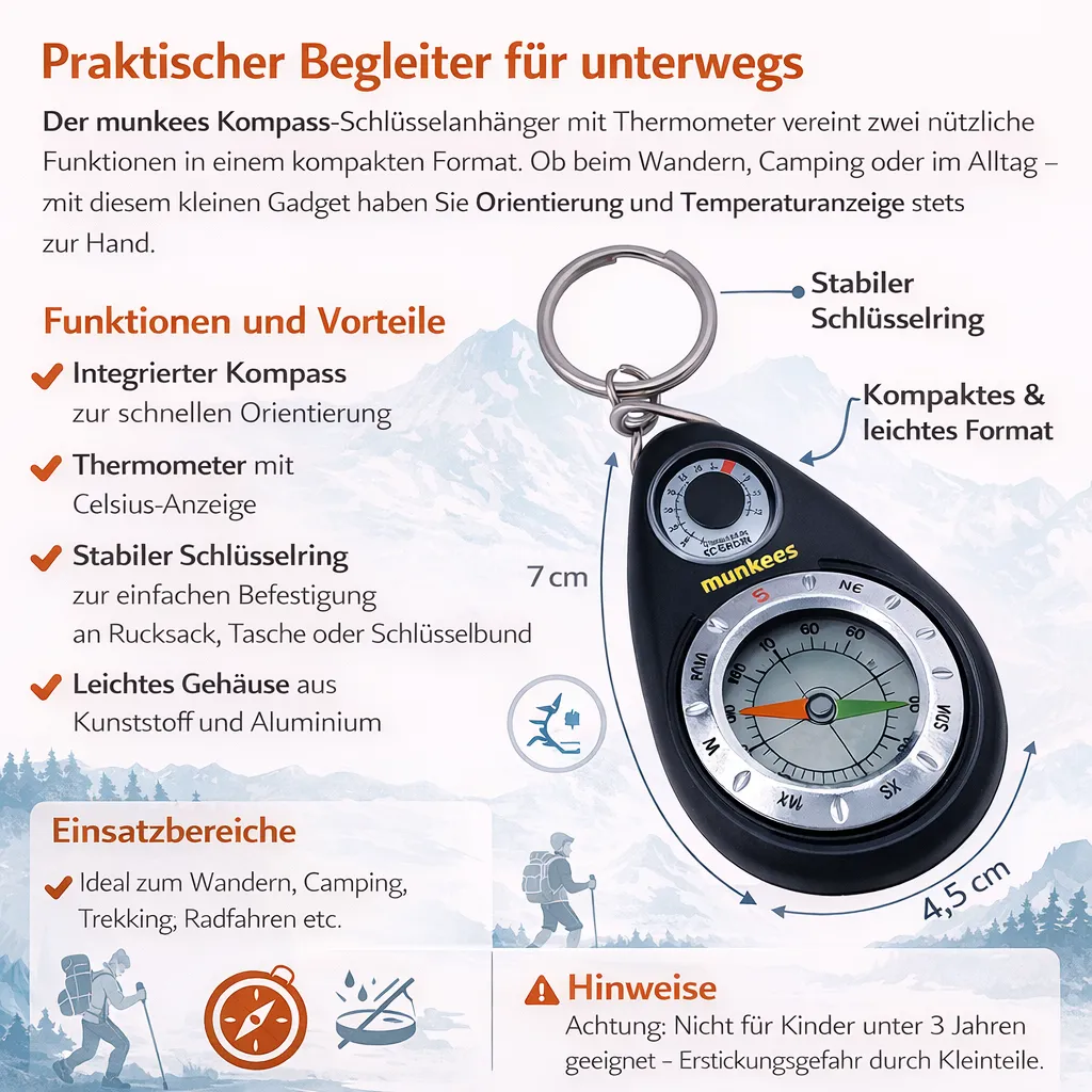 munkees kompas sleutelhanger thermometer aluminium