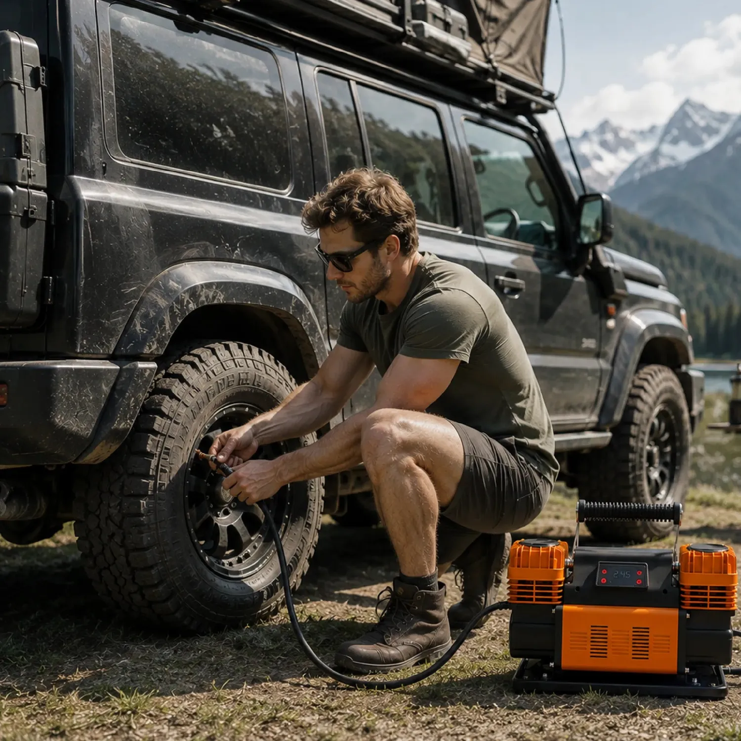 Naturnest Dual Cylinder luchtcompressor 12V digitaal